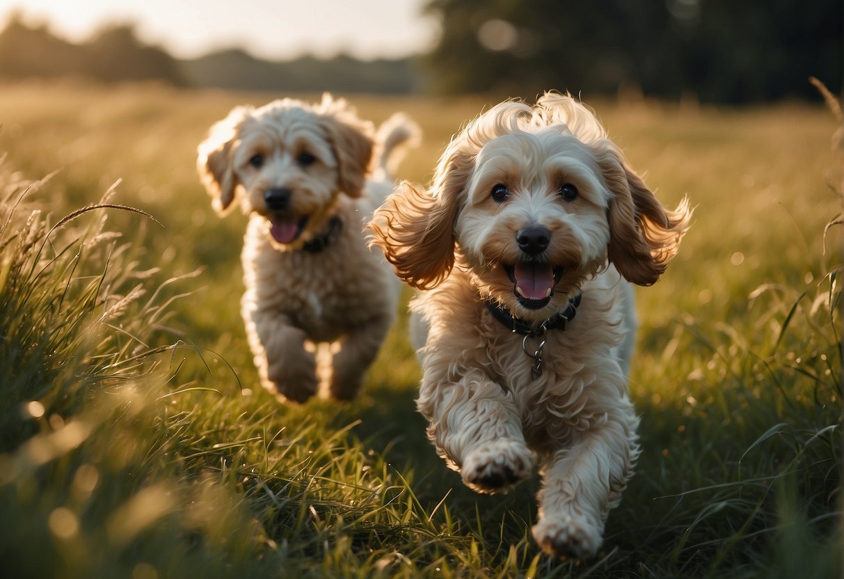 Two F2B Mini Goldendoodles playfully chasing each other in a grassy field, wagging their tails and barking happily