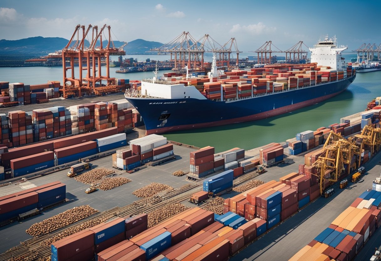 A bustling port with cargo ships unloading grain, fruit, and vegetables. Farmers and traders negotiate deals while workers load and unload the goods