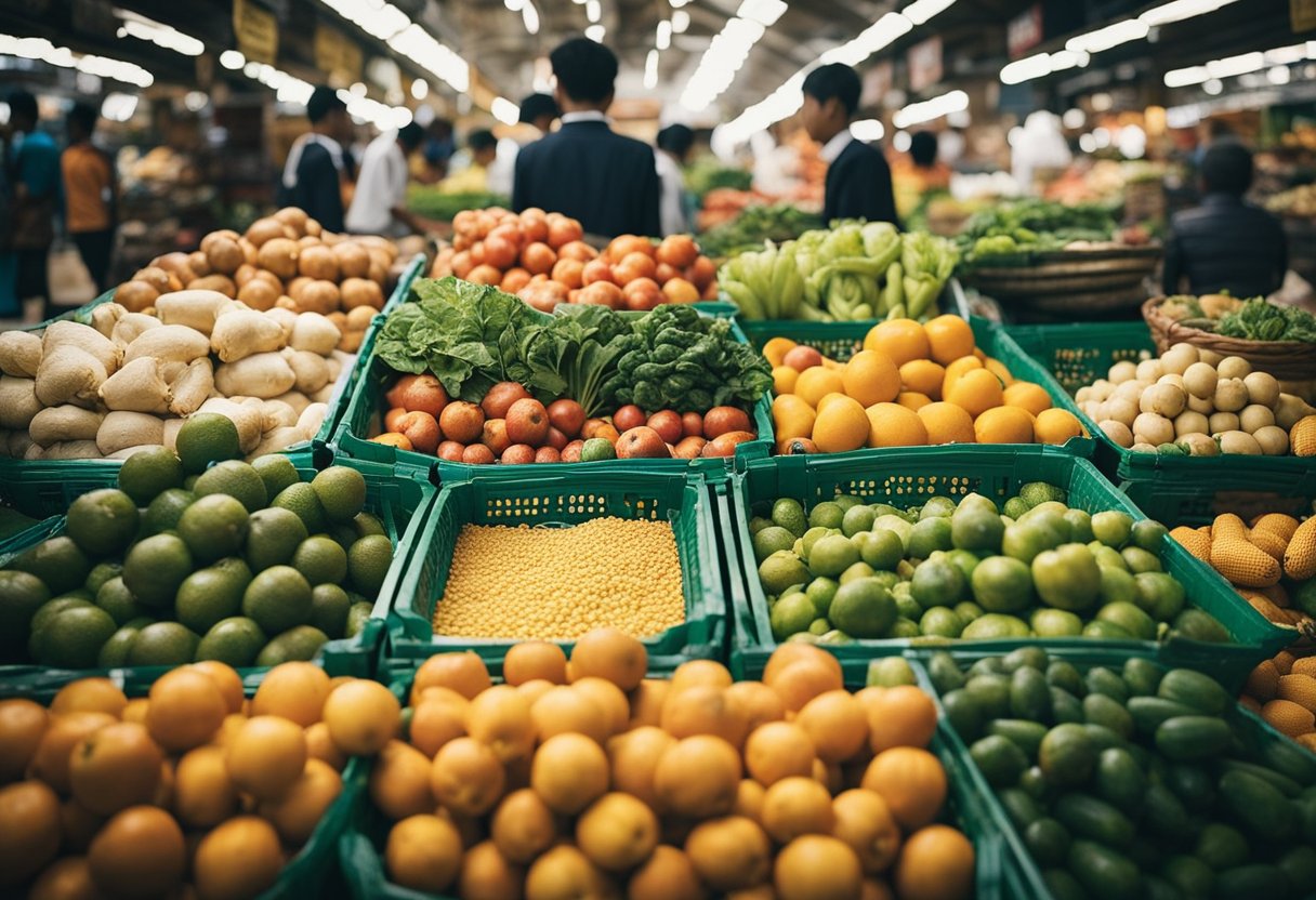 Vibrant market with diverse produce, bustling trade routes, and ships carrying goods across continents, symbolizing the historical impact of agricultural trade on global food security