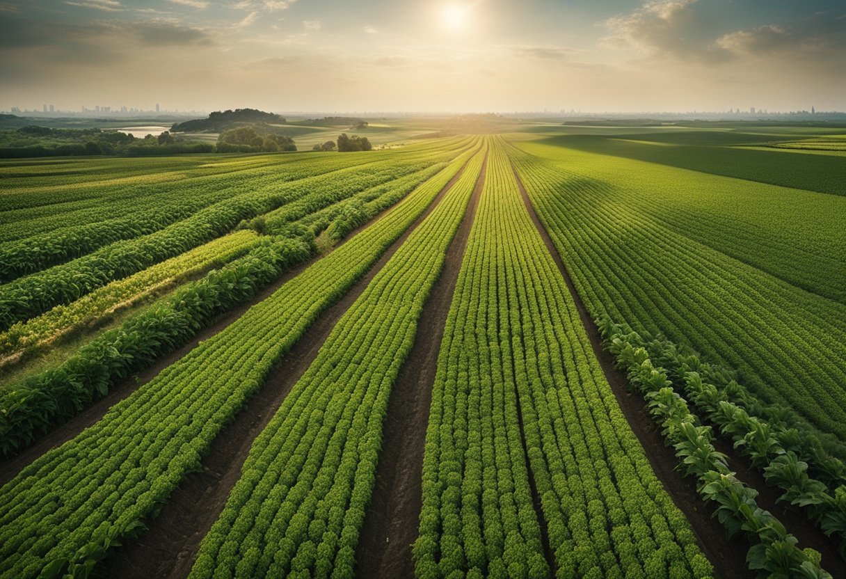Lush fields of crops stretch to the horizon, bordered by bustling ports and trade routes. A web of interconnected global markets supports the flow of agricultural goods, impacting food security worldwide