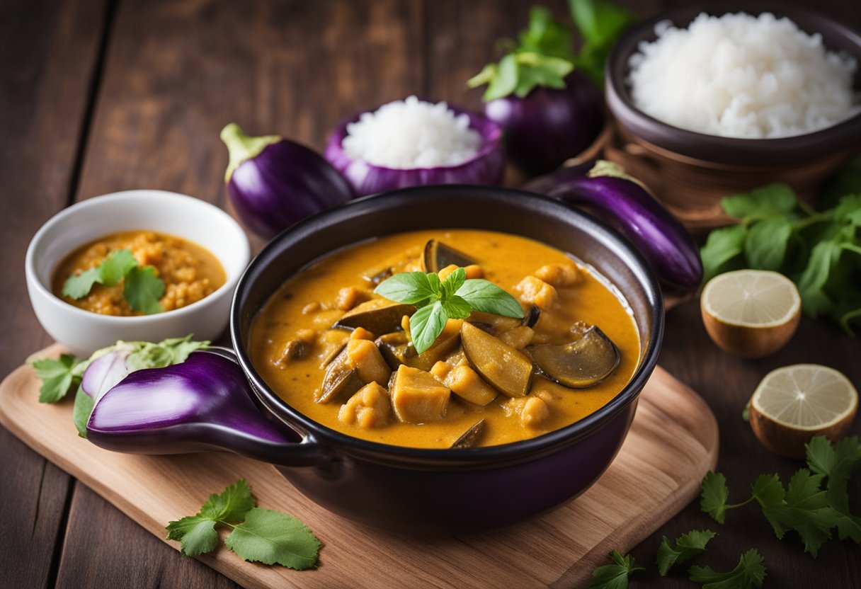 A simmering pot of eggplant Thai curry with vibrant purple eggplant, aromatic spices, and creamy coconut milk
