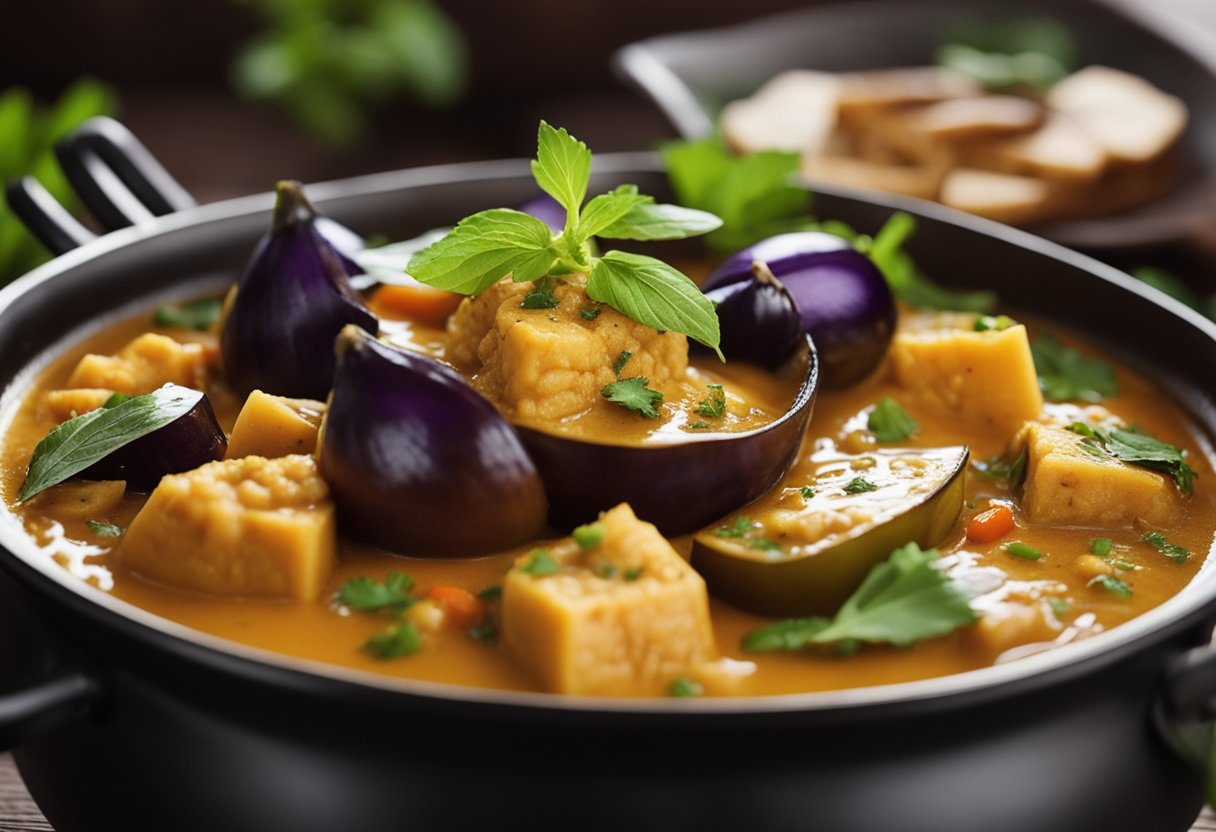 A bubbling pot of Thai curry simmers with chunks of tender eggplant, surrounded by aromatic herbs and spices