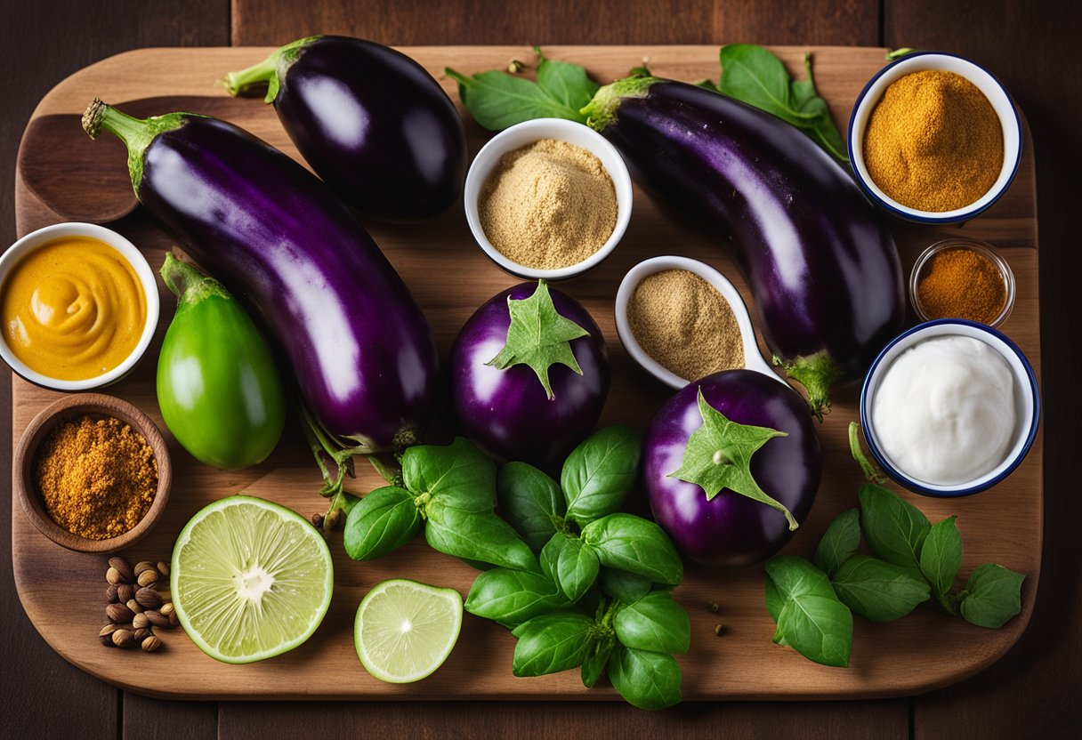 A colorful array of fresh eggplants, vibrant Thai curry paste, and aromatic spices arranged on a wooden cutting board