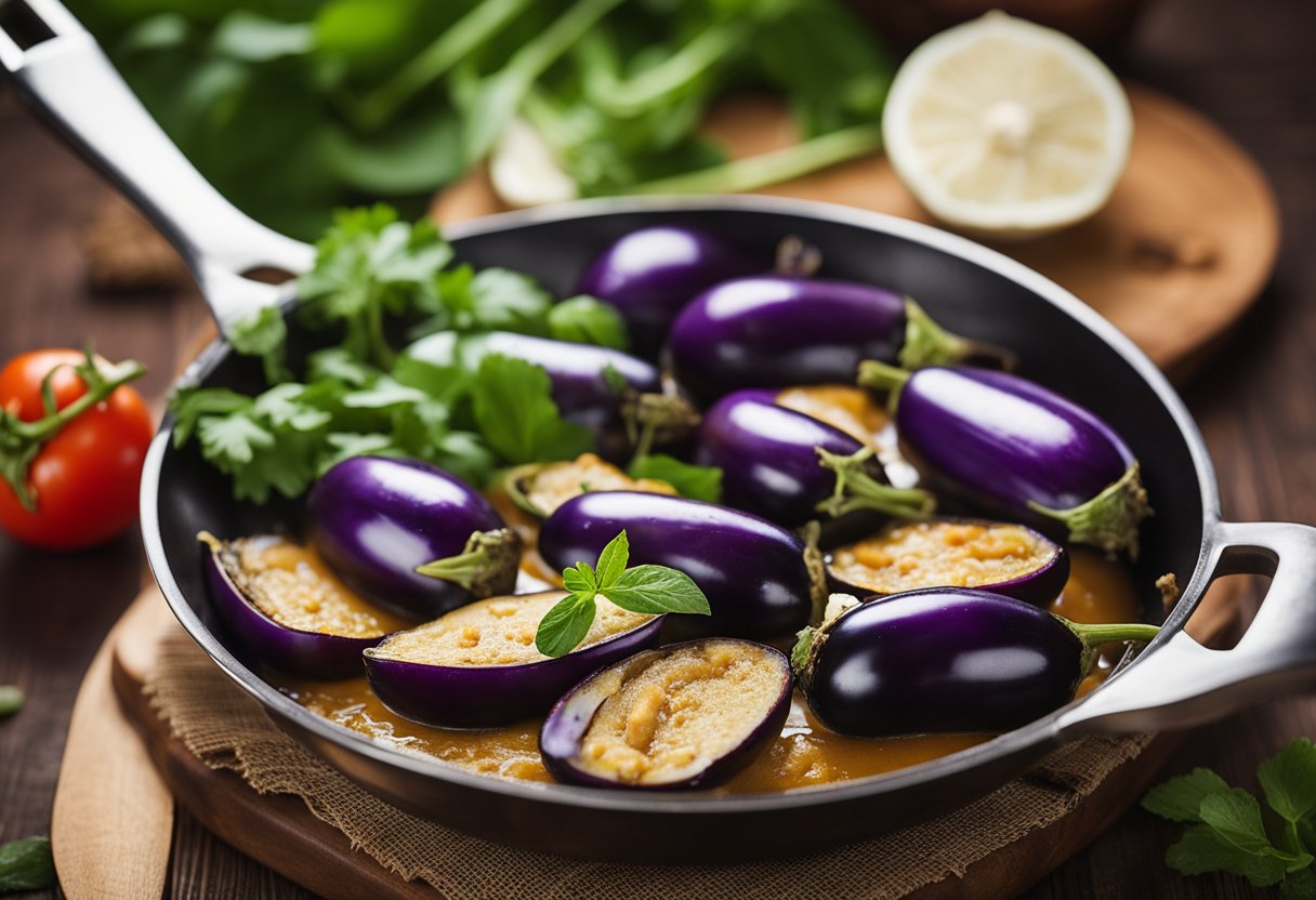 Eggplant slices sizzling in a wok with aromatic Thai curry paste, coconut milk, and fragrant herbs simmering in the background