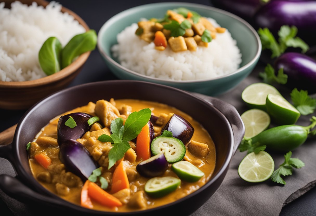 A steaming bowl of eggplant Thai curry with a vibrant mix of vegetables and spices, accompanied by a side of fluffy white rice