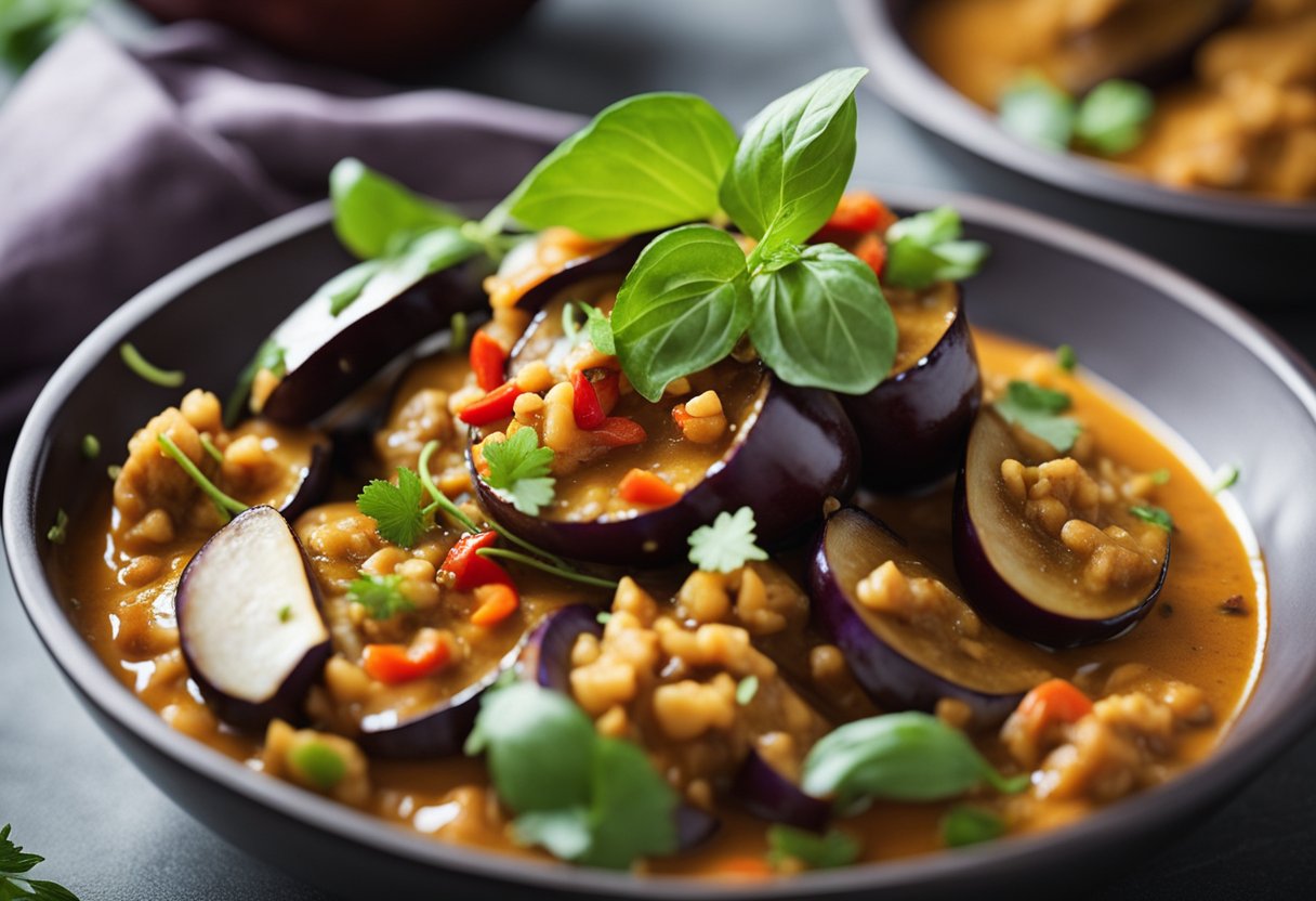 Eggplant slices simmer in rich, aromatic Thai curry sauce with vibrant green herbs and red chili peppers