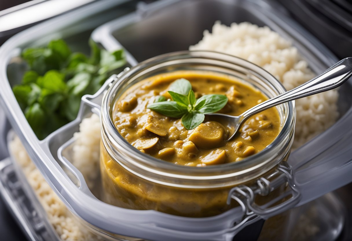 Eggplant Thai curry stored in a glass container in the refrigerator. A microwave next to it for reheating. A spoon and fork on the side