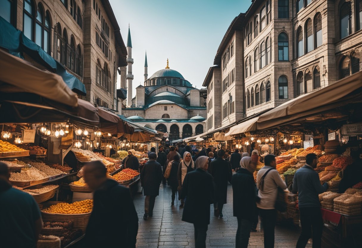 The Traditional Markets of Istanbul: Exploring Historic Bazaars and Hidden Gems - Busy market streets, colorful stalls, and bustling crowds in Istanbul. A mix of traditional and modern goods on display, with the iconic architecture of the Grand Bazaar in the background