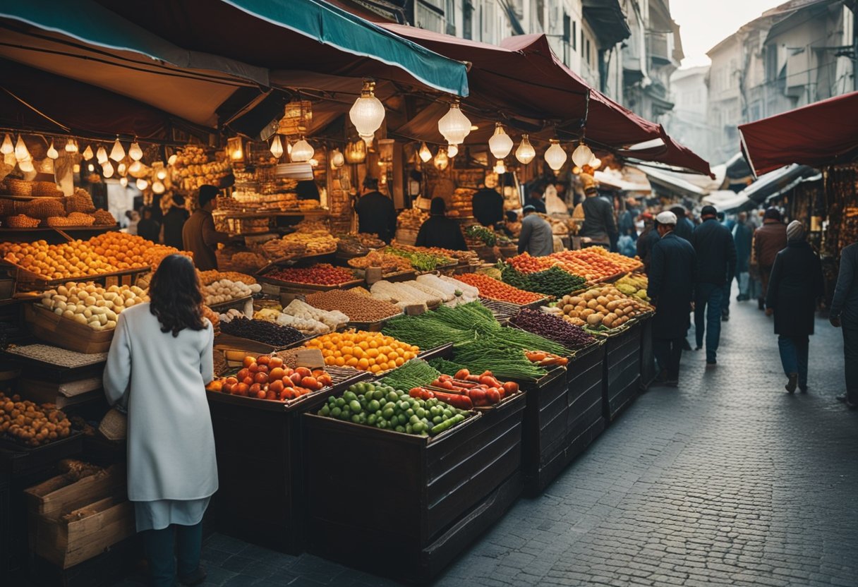 The Traditional Markets of Istanbul: Exploring Historic Bazaars and Hidden Gems - A bustling street market in Istanbul with colorful stalls, bustling crowds, and traditional Turkish goods on display. The scene is filled with the sights and sounds of local life and traditions