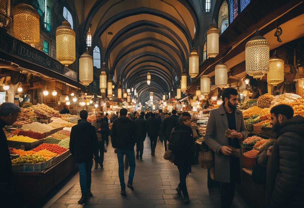 Traditional markets of Istanbul - The bustling Grand Bazaar with colorful stalls and intricate arches, contrasted by the quiet, narrow streets of local markets in Istanbul