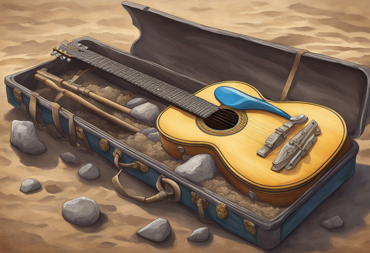 An ancient guitar being unearthed, revealing its historical journey from ancient origins to the present day
