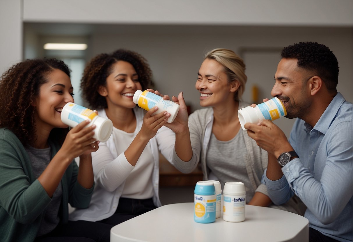 Adults sipping from baby formula bottles