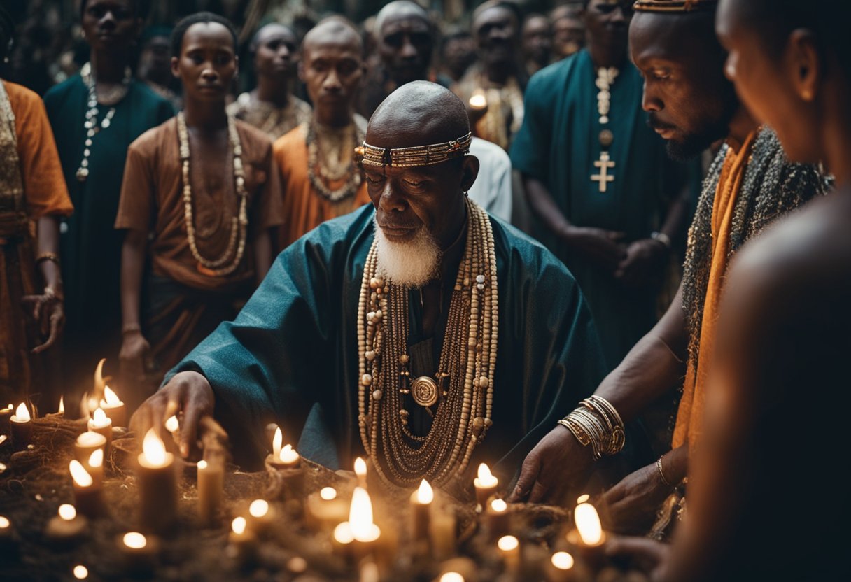The Voodoo Religion of Haiti: Unveiling the Reality Behind Misconceptions - A voodoo priest leads a ceremony, surrounded by followers. Offerings and symbols are displayed, creating an atmosphere of reverence and mystique
