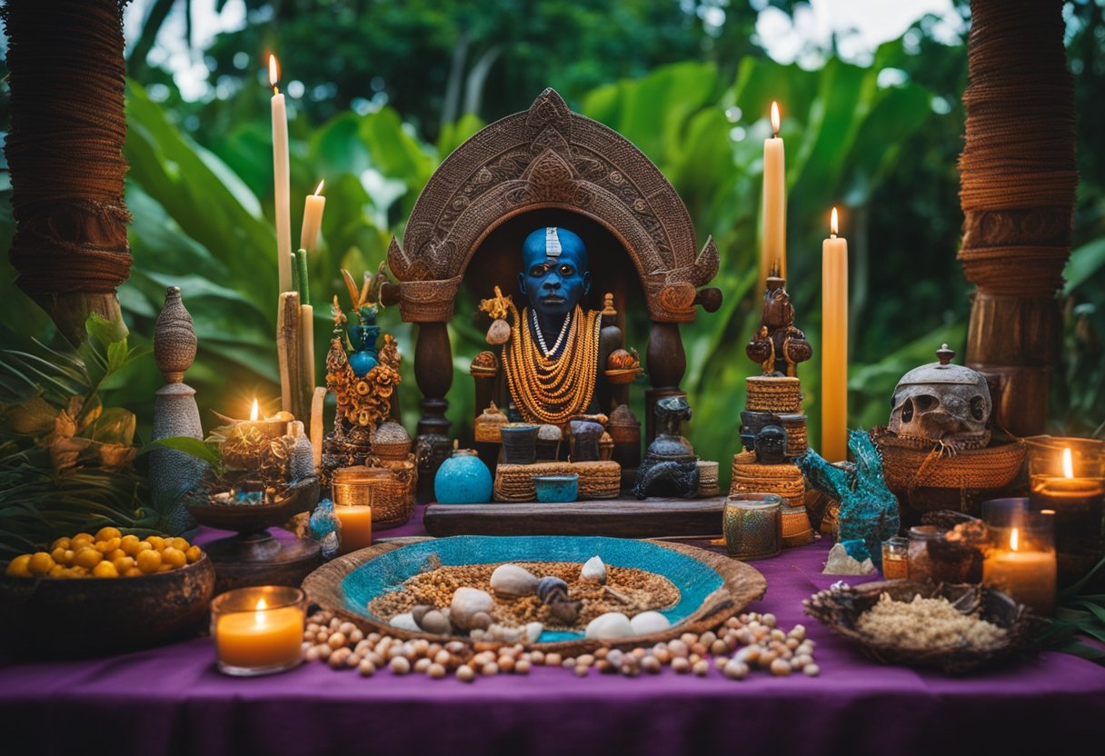 The Voodoo Religion of Haiti: Unveiling the Reality Behind Misconceptions - A colorful Voodoo altar adorned with symbolic items, candles, and offerings, set against a backdrop of lush Haitian landscape