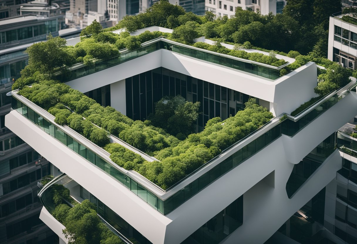 The Rooftop Gardens of New York City - Lush greenery cascades over the rooftop, intertwining with modern architecture. A serene oasis amidst the bustling city below