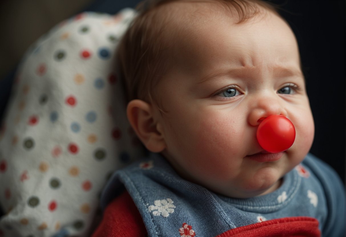A baby with a red nose rubs it repeatedly, looking uncomfortable
