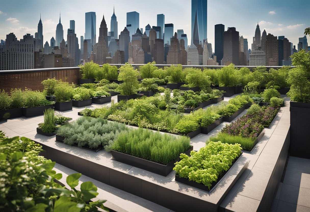 The Rooftop Gardens of New York City - A panoramic view of New York City's skyline, with lush green rooftop gardens nestled among the towering buildings, providing a serene and peaceful urban oasis