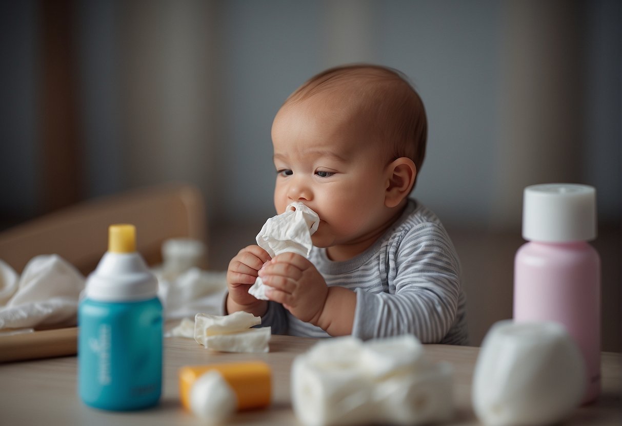 Baby rubs nose, surrounded by tissues and nasal spray
