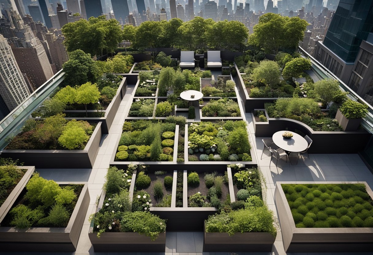 The Rooftop Gardens of New York City - Aerial view of lush rooftop gardens in NYC, featuring diverse plantings and seating areas, surrounded by skyscrapers and city skyline