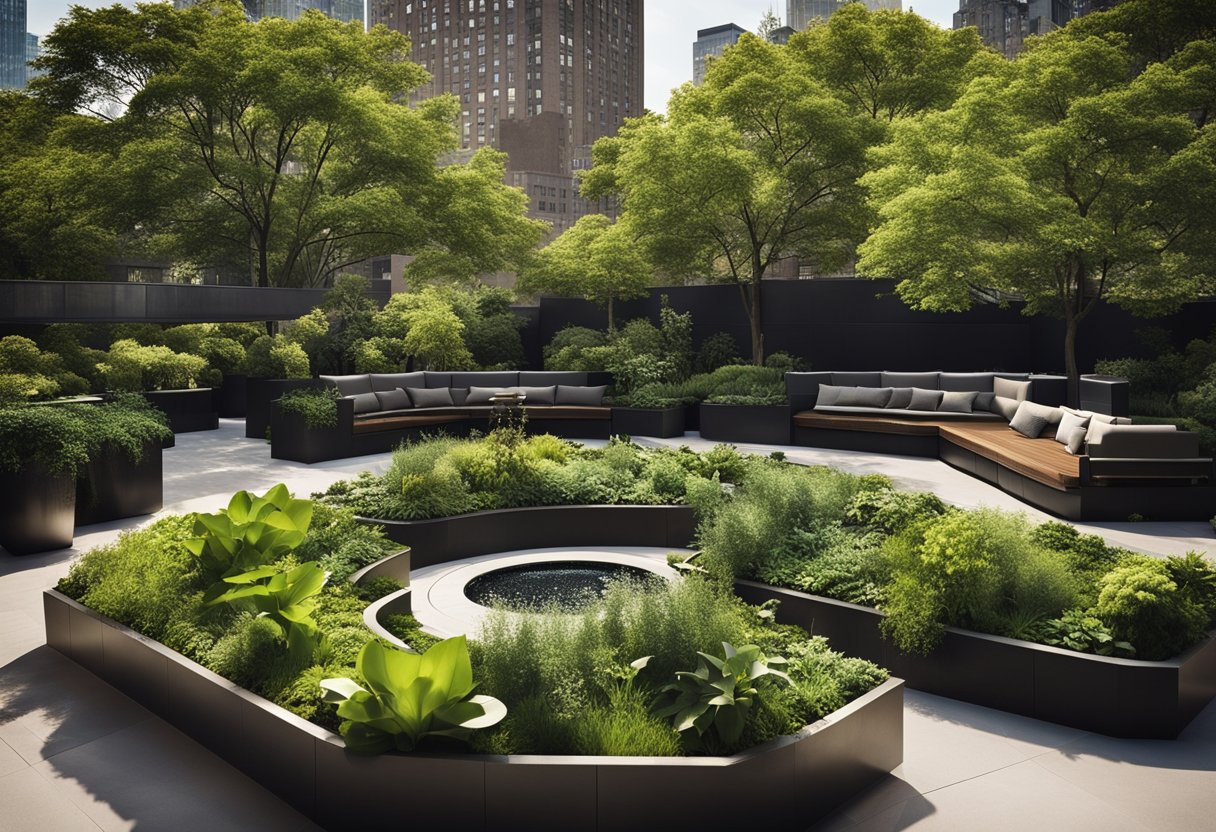 The Rooftop Gardens - A skyline of New York City with various rooftop gardens, featuring lush greenery, seating areas, and water features