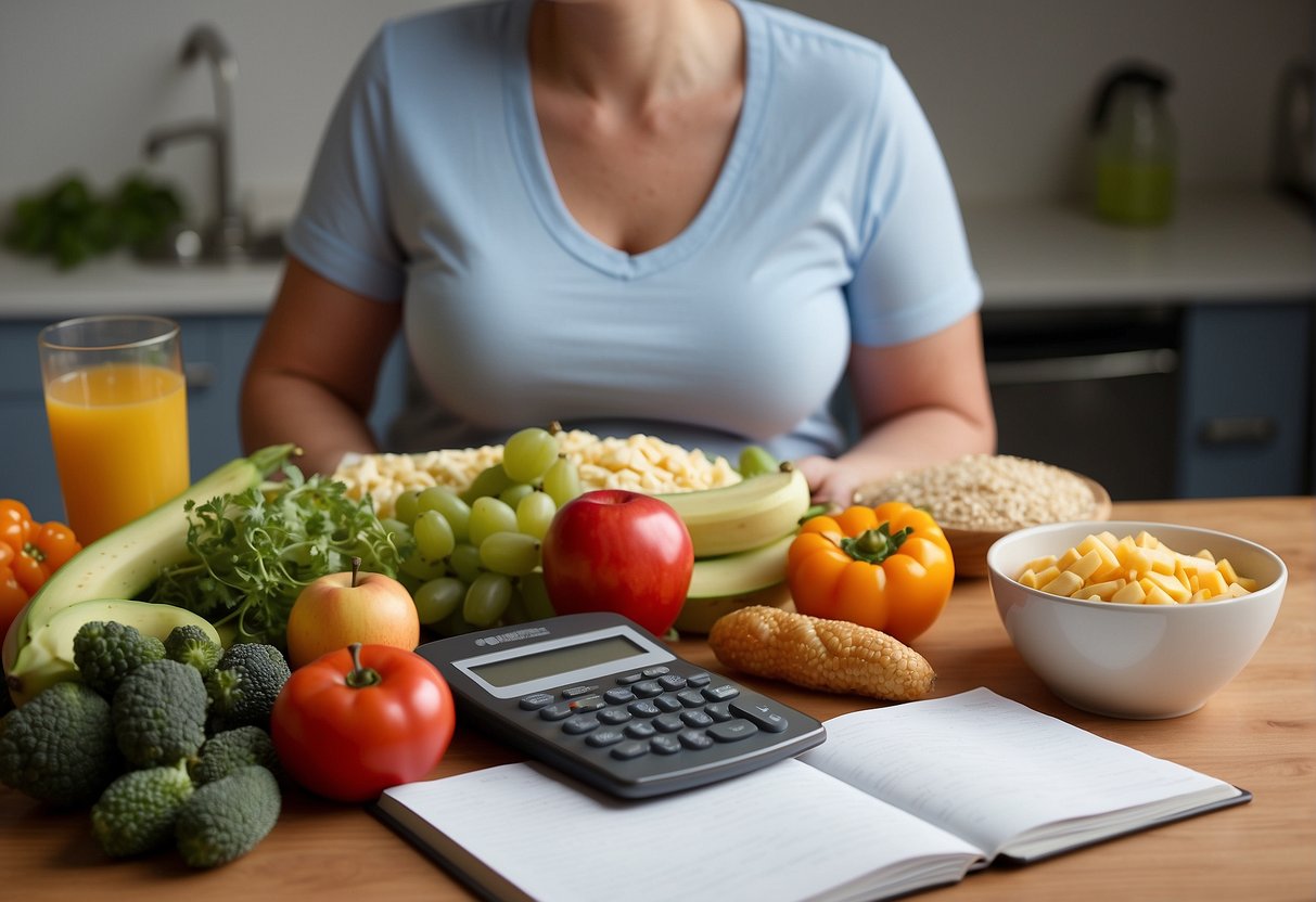 A pregnant woman sits at a table, surrounded by healthy food and a nutrition guide. A calculator and notebook are nearby, with the question "how many calories do you burn during labor?" written on the page