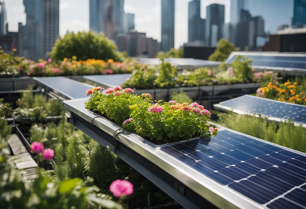 The Rooftop Gardens of New York City: Exploring Tranquil Urban Retreats - Lush greenery and vibrant flowers cover the rooftop, with solar panels and rainwater collection systems integrated seamlessly into the design. A diverse array of plants provide a habitat for local wildlife, creating a sustainable urban oasis