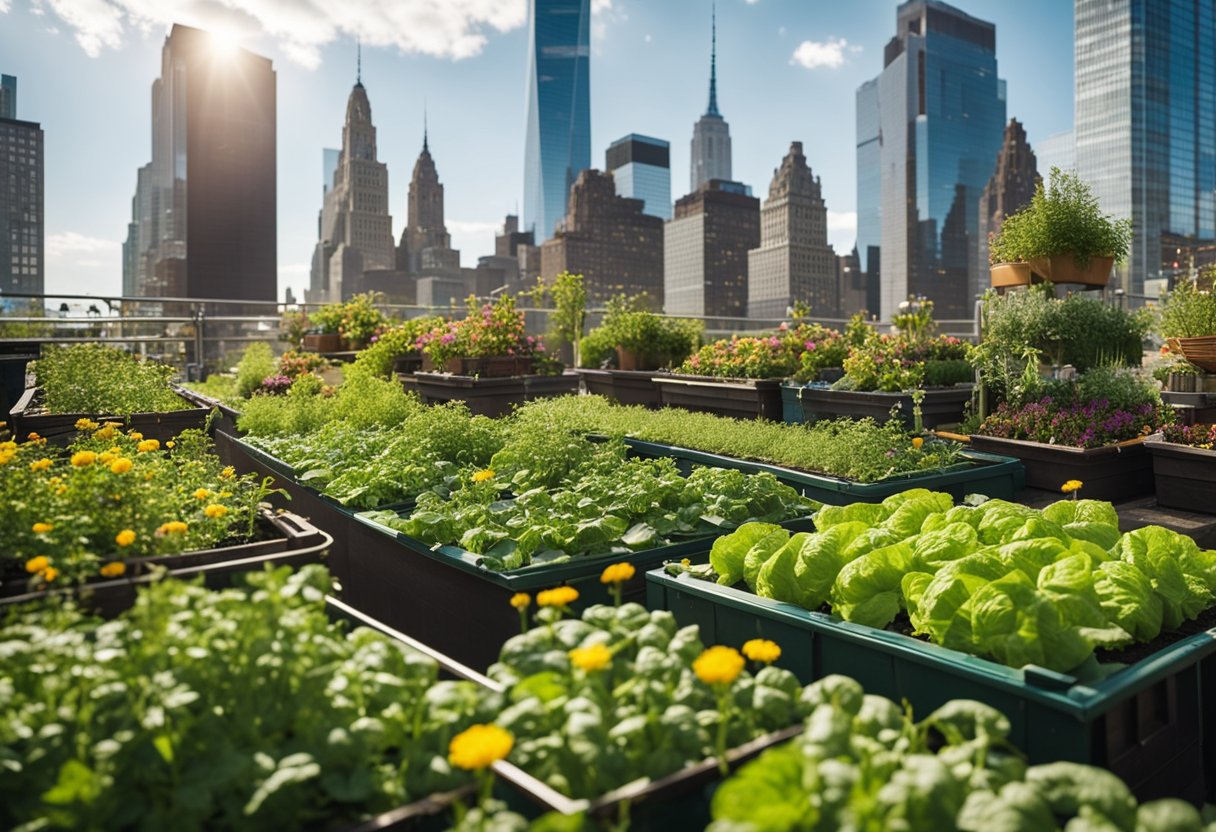 The Rooftop Gardens of New York City: Exploring Tranquil Urban Retreats - Lush rooftop gardens in NYC, with rows of vegetables and herbs thriving in the sunlight. Bees buzz around colorful flowers, while city skyscrapers loom in the background