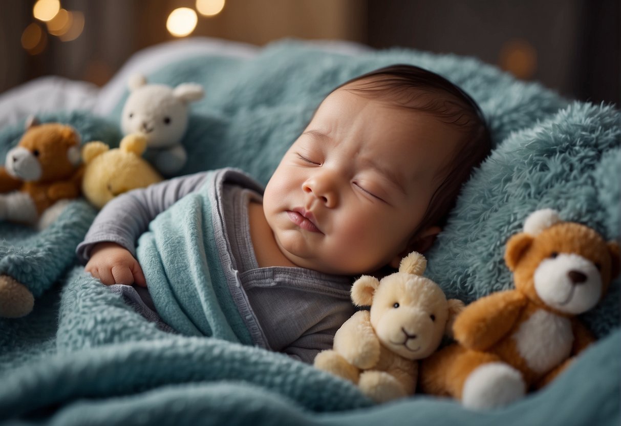 Babies peacefully hump themselves to sleep, surrounded by toys and a cozy blanket