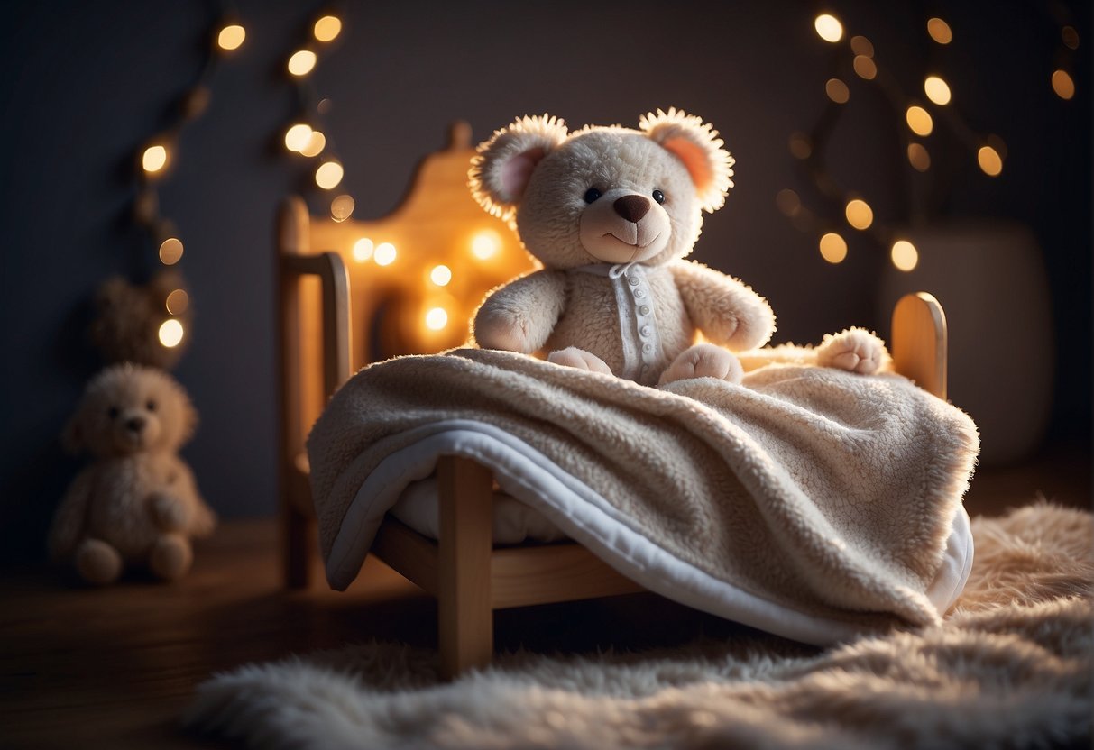 A baby crib with a soft, cozy blanket and a stuffed animal, surrounded by dim lighting and soothing music