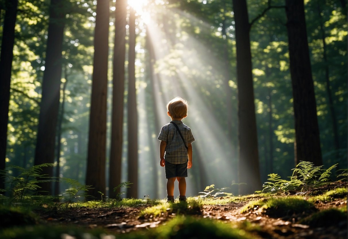 A child stands at the edge of a vast forest, gazing up at the towering trees with wonder. The sun peeks through the leaves, casting dappled light on the forest floor. A sense of curiosity and adventure fills the air