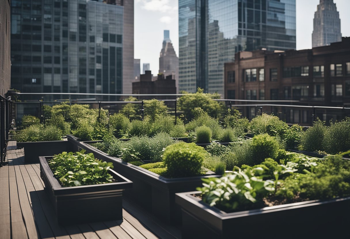 The Rooftop Gardens of New York City -  A lush rooftop garden in NYC offers serene greenery and outdoor activities, surrounded by city skyscrapers