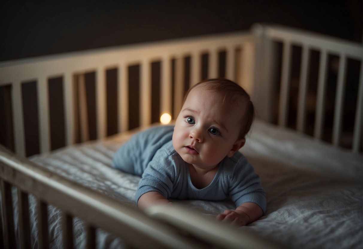 A baby lies in a crib, gently rocking back and forth to soothe themselves to sleep. The room is dimly lit, with soft music playing in the background