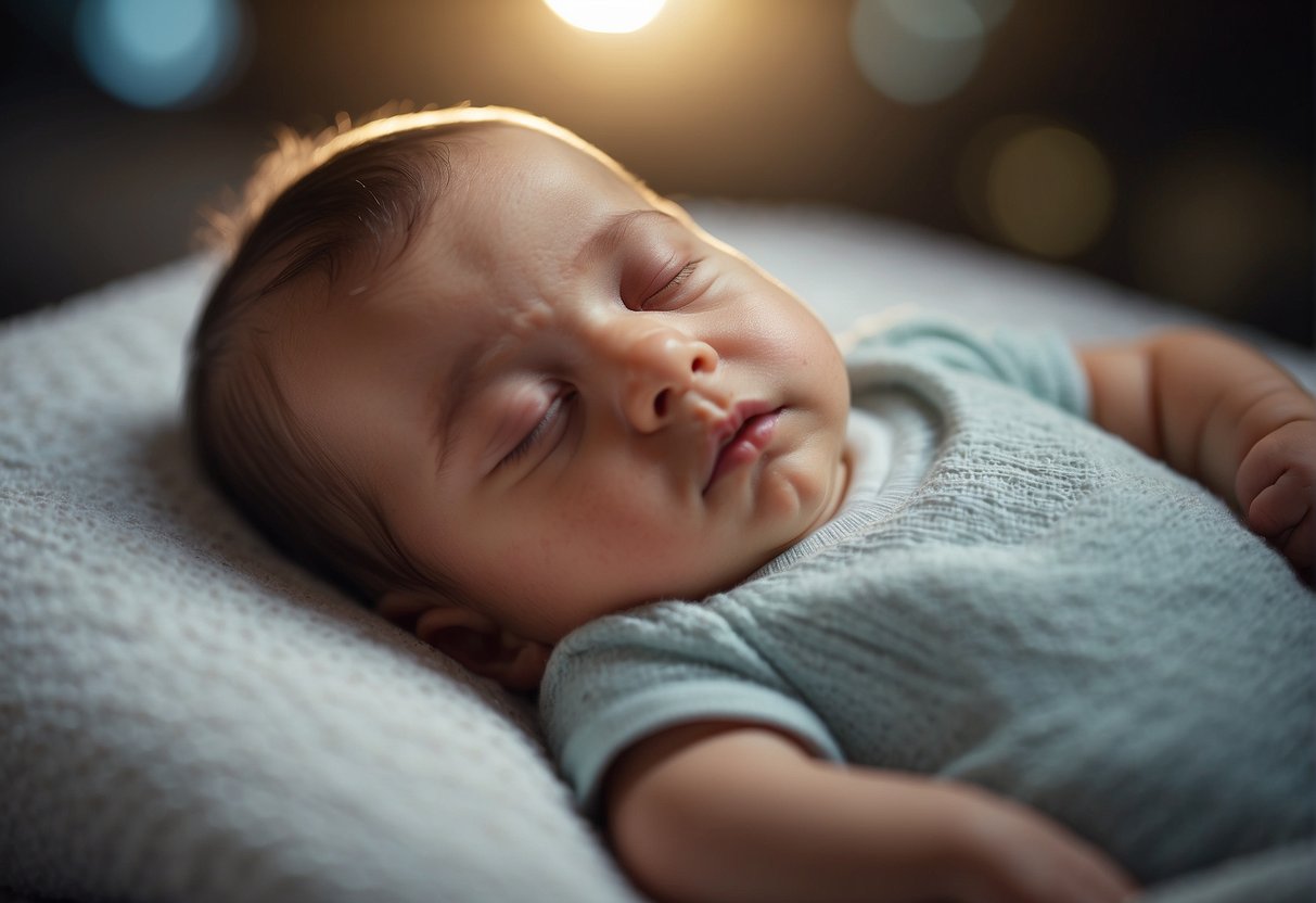 A baby sleeps peacefully, with a sense of safety and comfort, while potential risks associated with baby sleep loom in the background