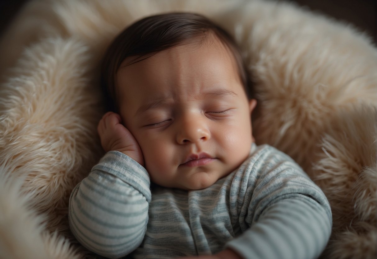 Baby sleeps with arms crossed behind head. Legs curled up. Peaceful expression on face