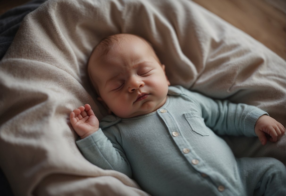 A sleeping baby lies peacefully, with arms stretched behind its head, illustrating developmental milestones and peaceful sleep