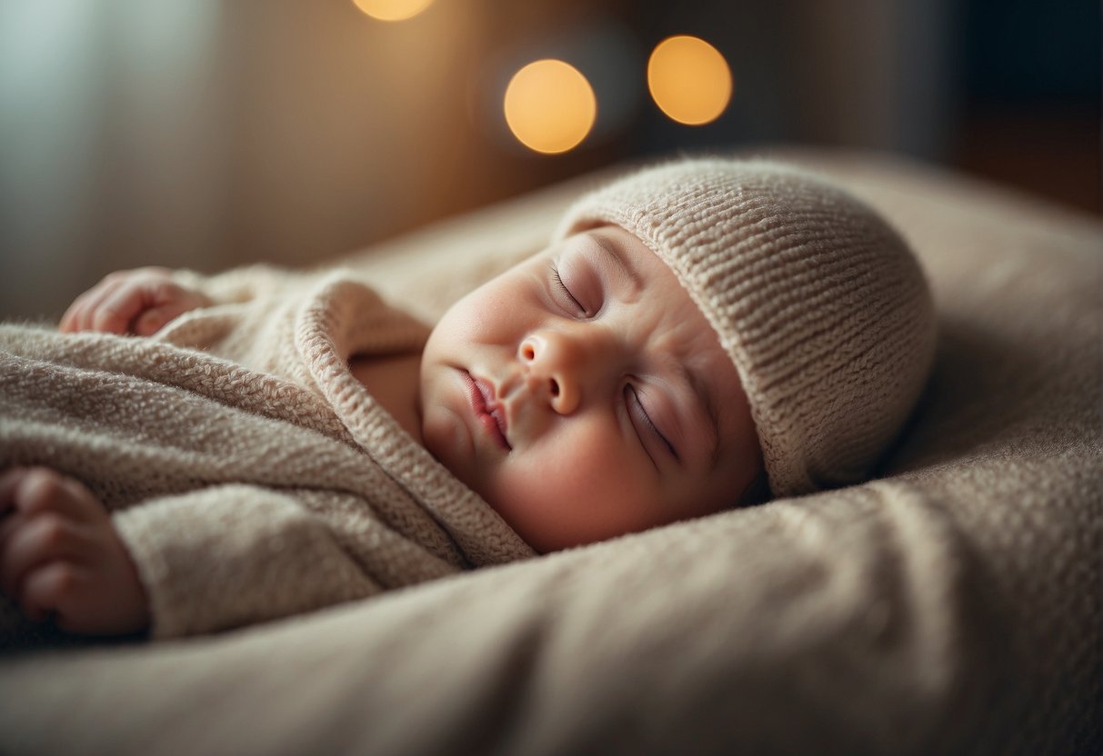 Baby sleeps peacefully, surrounded by soft, calming colors and gentle lighting