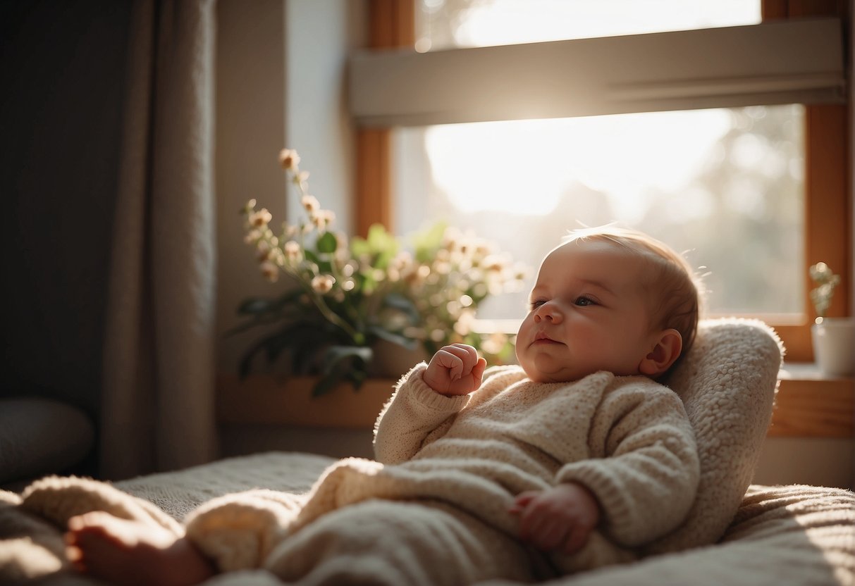 A baby lies peacefully in a cozy nursing nook, softly moaning as they feed. The room is bathed in warm, natural light, creating a calm and soothing atmosphere