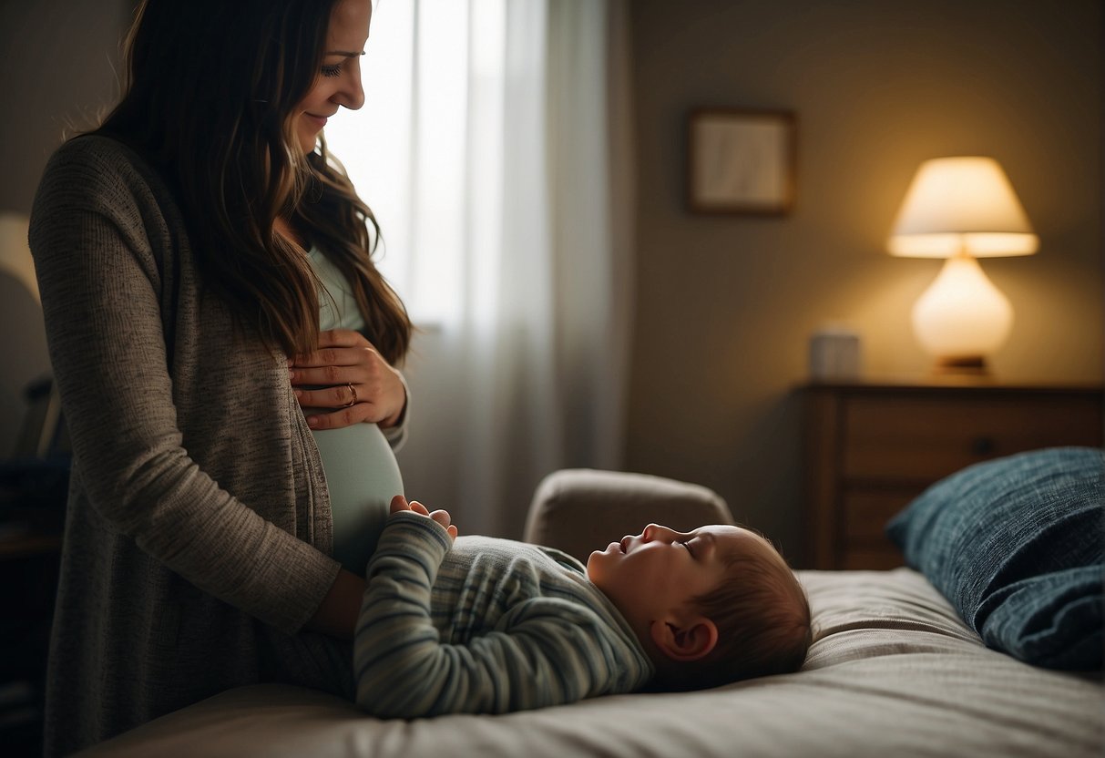 In a cozy, dimly lit room, a pregnant belly is gently pulsing as the baby's hiccups are felt low in the abdomen, indicating a head-down position