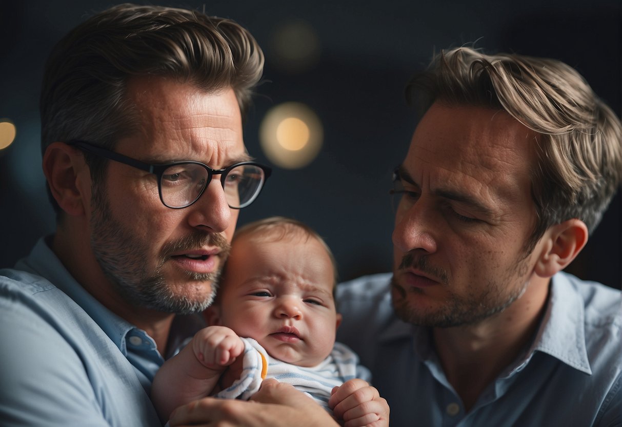 Frustrated father struggles with fussy baby