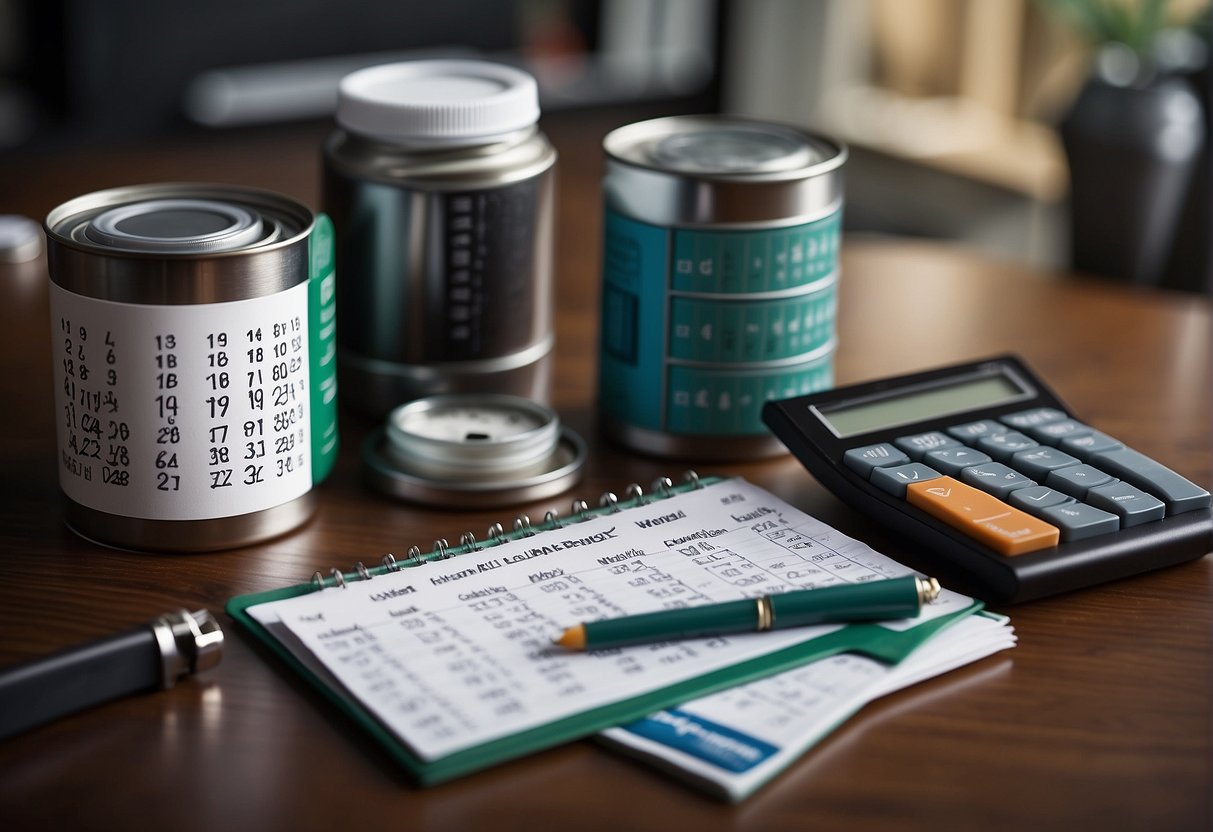A stack of formula cans with a monthly calendar and calculator