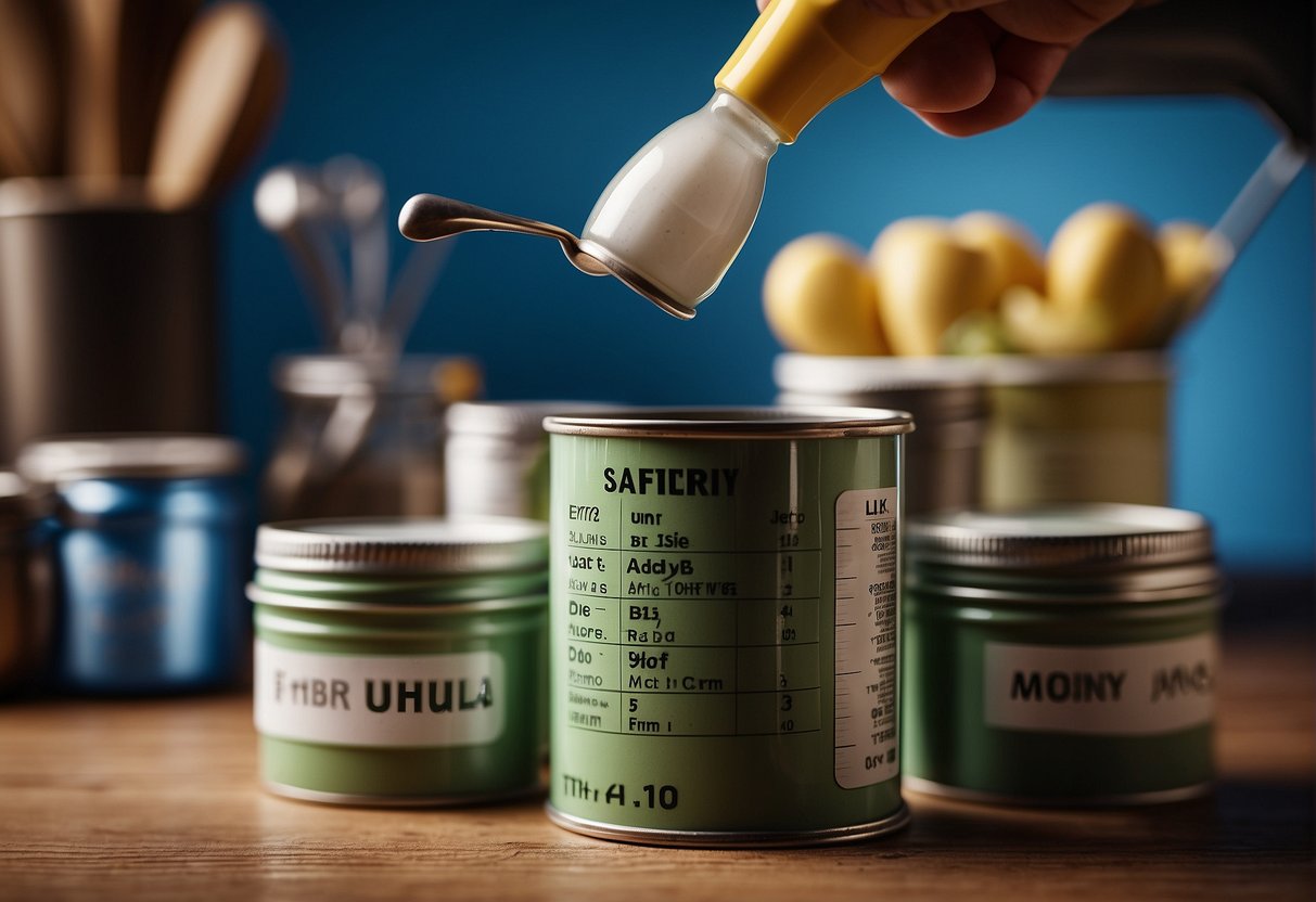 A stack of formula cans, with an open can and a measuring scoop next to it, surrounded by a calendar showing the month