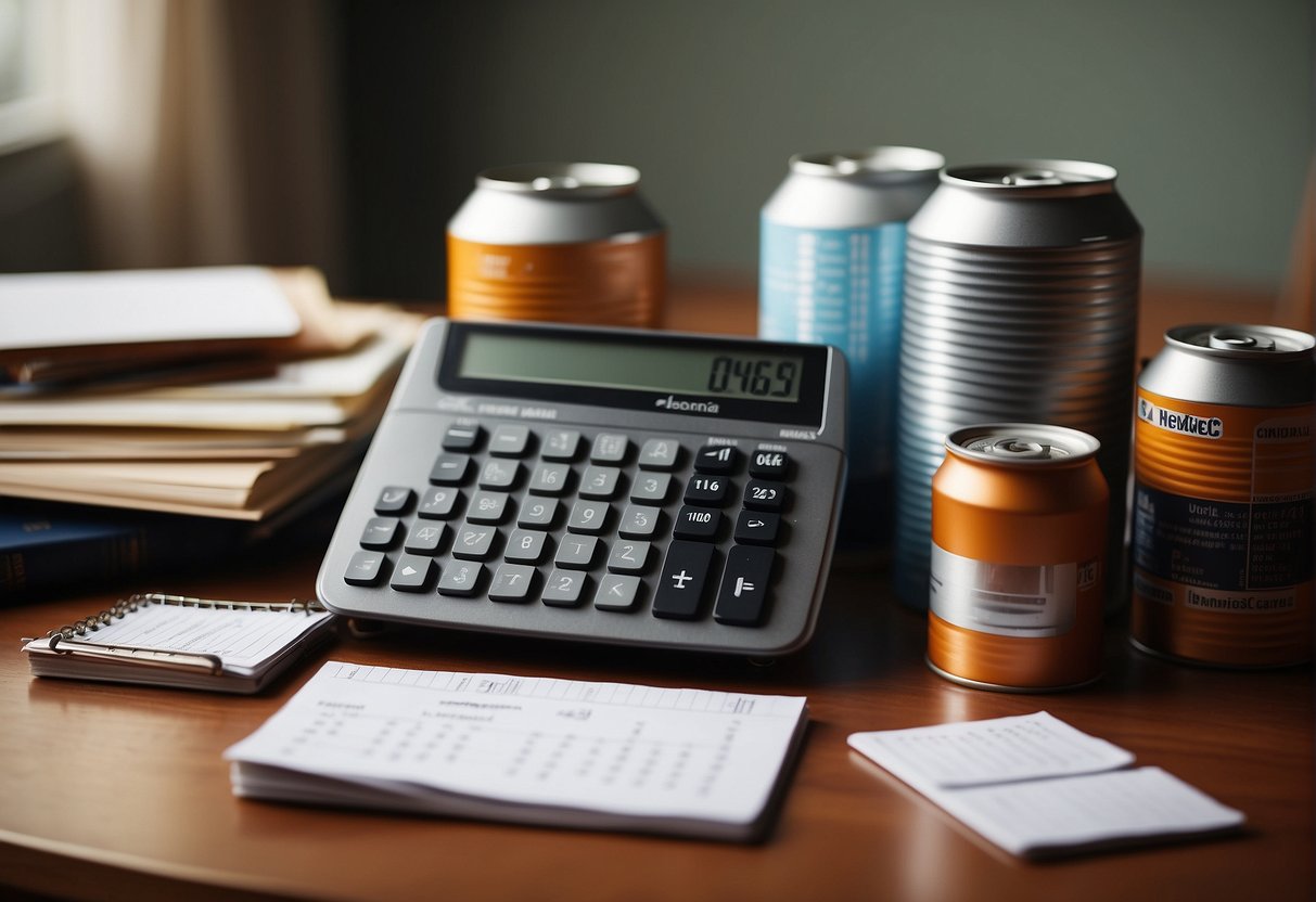 A stack of formula cans, a calendar, and a calculator on a table