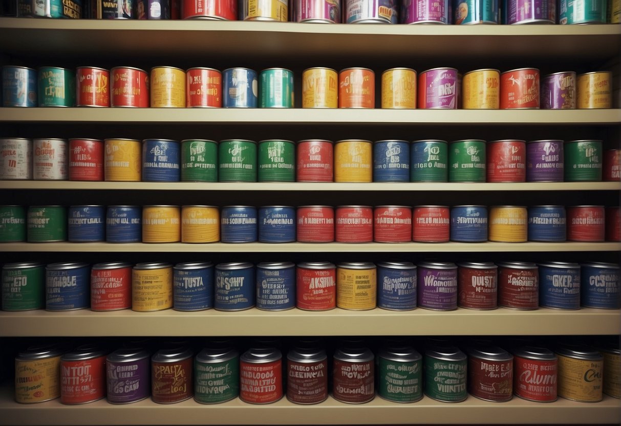 A shelf filled with rows of formula cans, with a sign reading "Frequently Asked Questions: How many cans of formula per month."