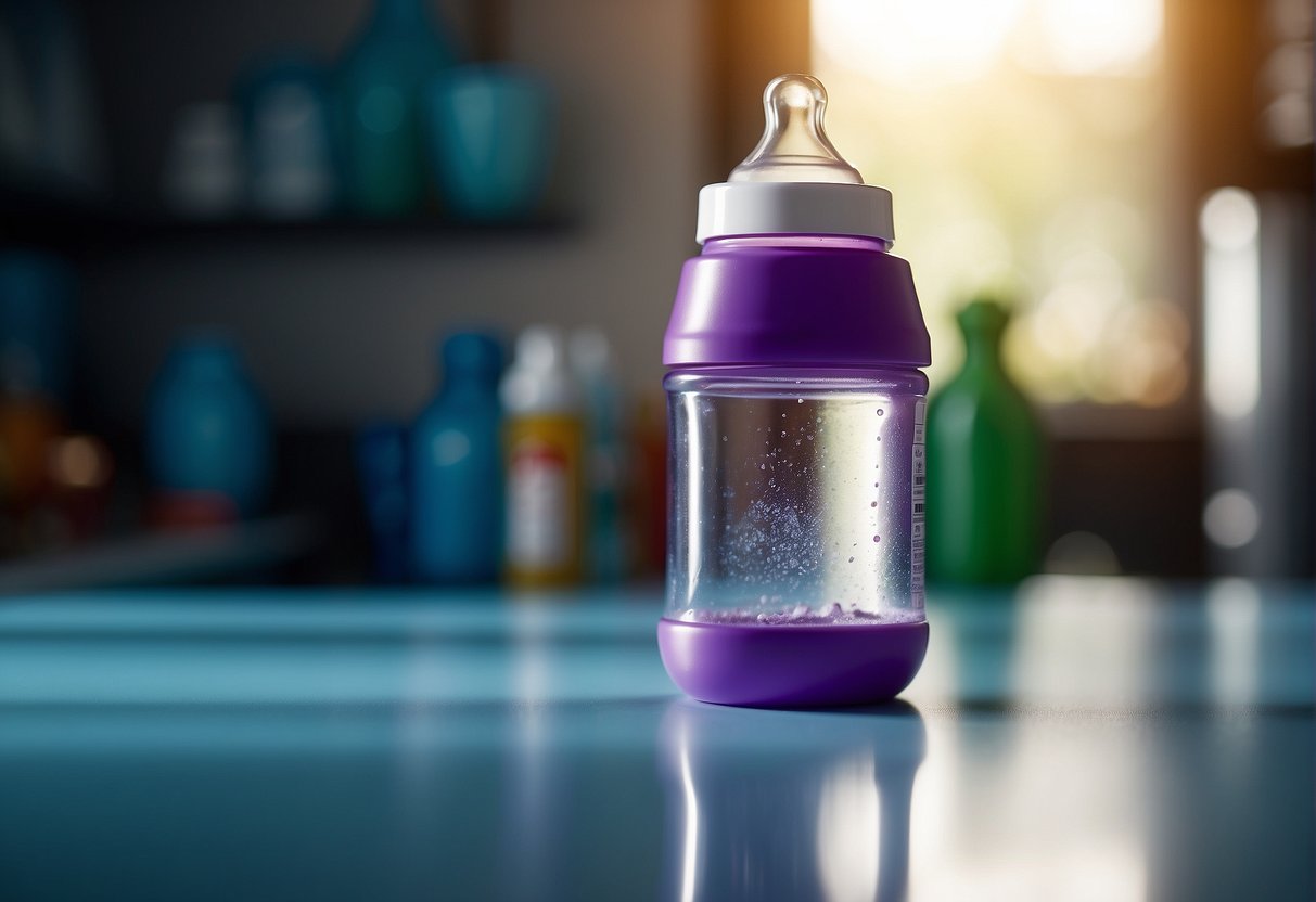 A baby bottle sits on a counter, with curdled formula inside. The liquid is separated and has a sour smell