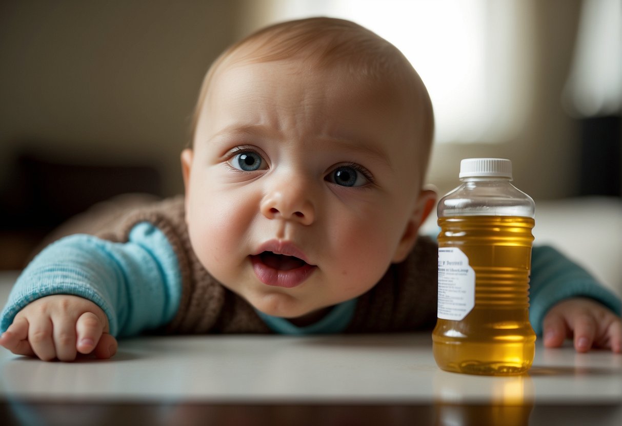 A baby's face contorts in discomfort, clutching their stomach, while a bottle of spoiled formula sits nearby
