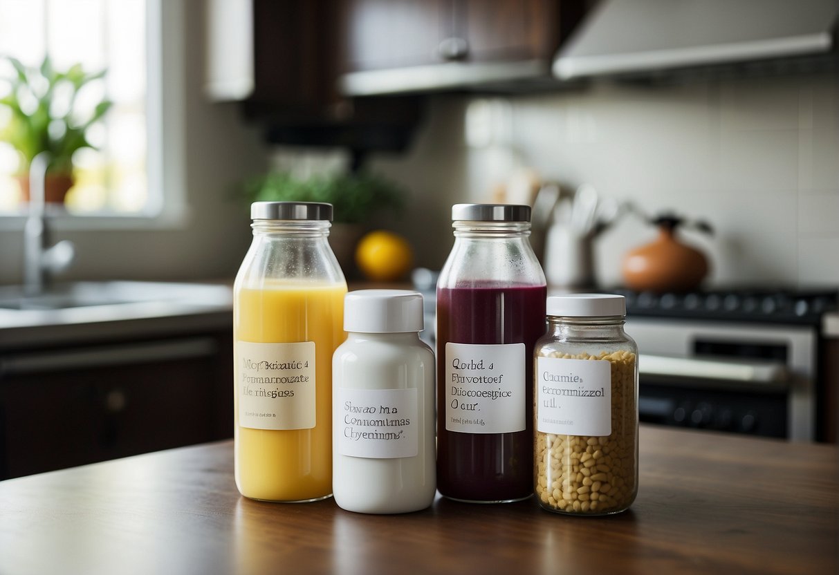 A clean, organized kitchen with labeled formula containers and a refrigerator for proper storage. A baby bottle with a frowning face indicating discomfort