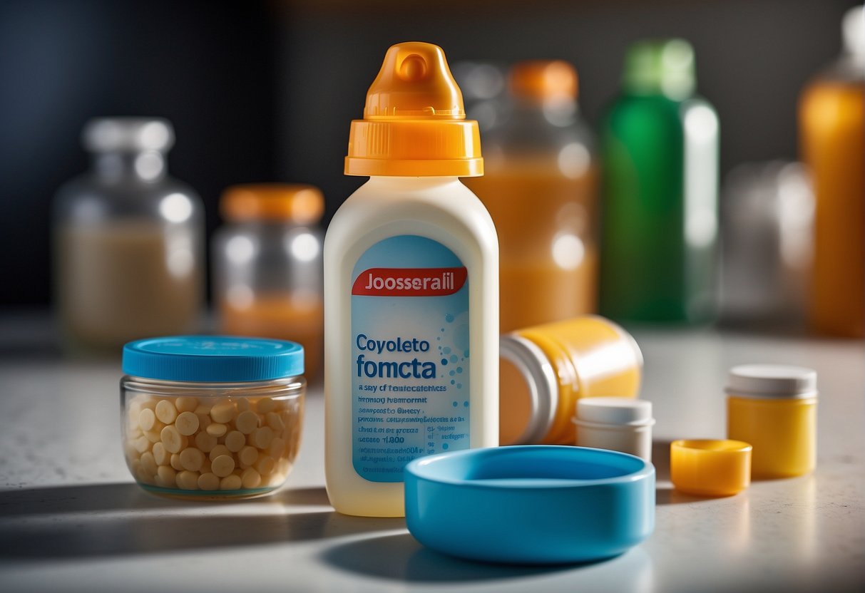 A baby bottle with spoiled formula sits on a counter, surrounded by concerned adults
