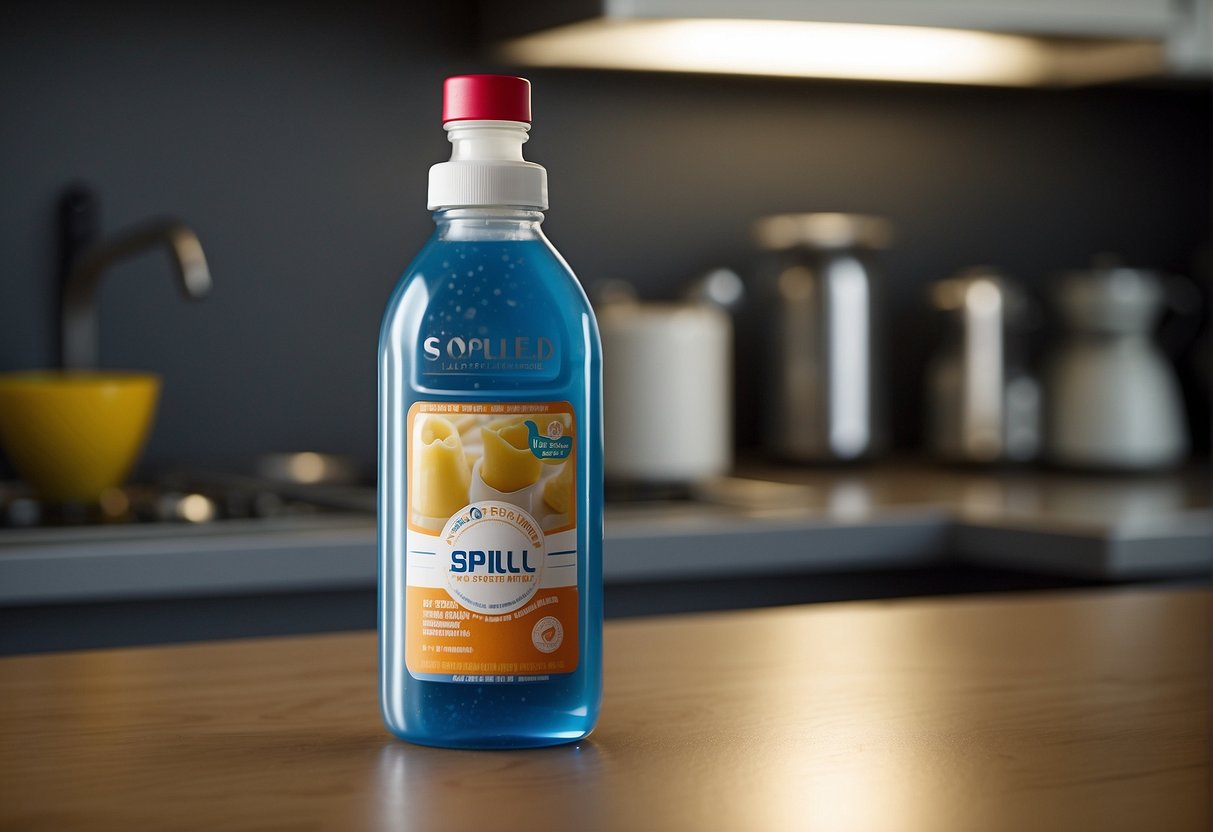 A baby bottle with curdled formula, emitting a foul odor, sits untouched on a kitchen counter. The label reads "spoiled."