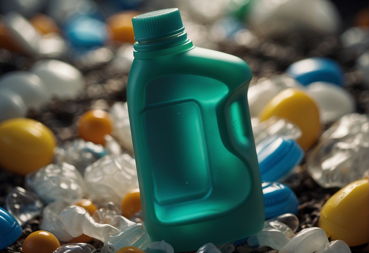 A baby detergent bottle tossed in the trash, replaced with regular detergent