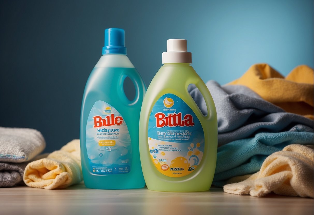 A bottle of baby detergent sits next to a pile of freshly washed baby clothes, with a question mark hovering above it